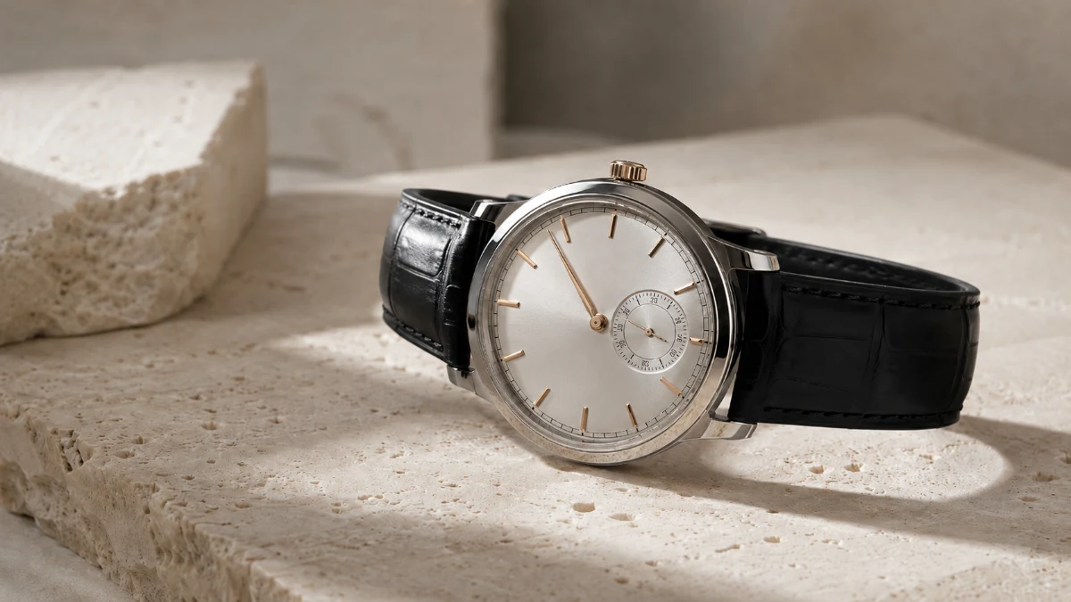 Hochwertige Armbanduhr auf heller Steinoberfläche