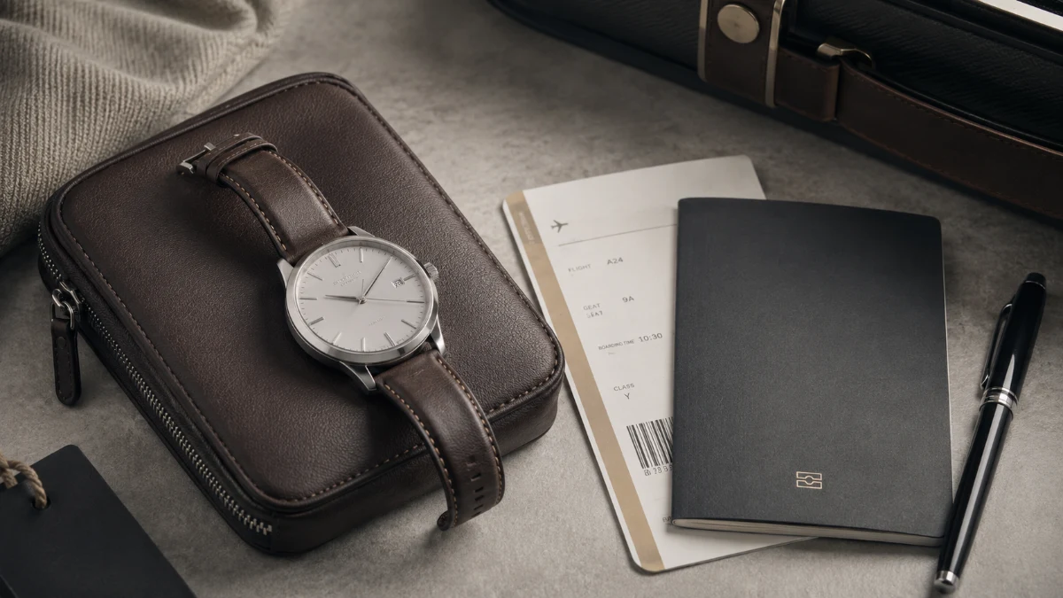 Hochwertige Uhr auf Reiseetui mit Reisedokumenten und Stift als Symbol für Schutzfragen auf Reisen