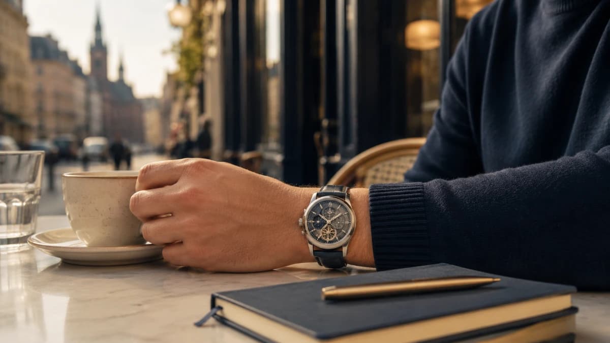 Hochwertige Uhr am Handgelenk im Alltag als Beispiel für regelmäßige Nutzung