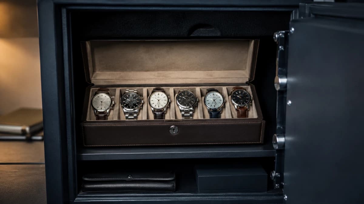 Uhrensammlung in einem Safe zur sicheren Aufbewahrung hochwertiger Uhren