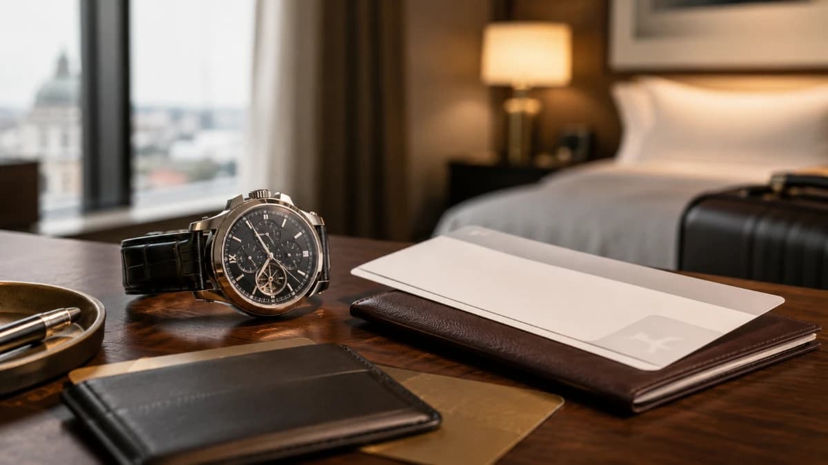 Hochwertige Uhr auf einem Hoteltisch mit Reiseunterlagen zur Prüfung des Schutzes unterwegs