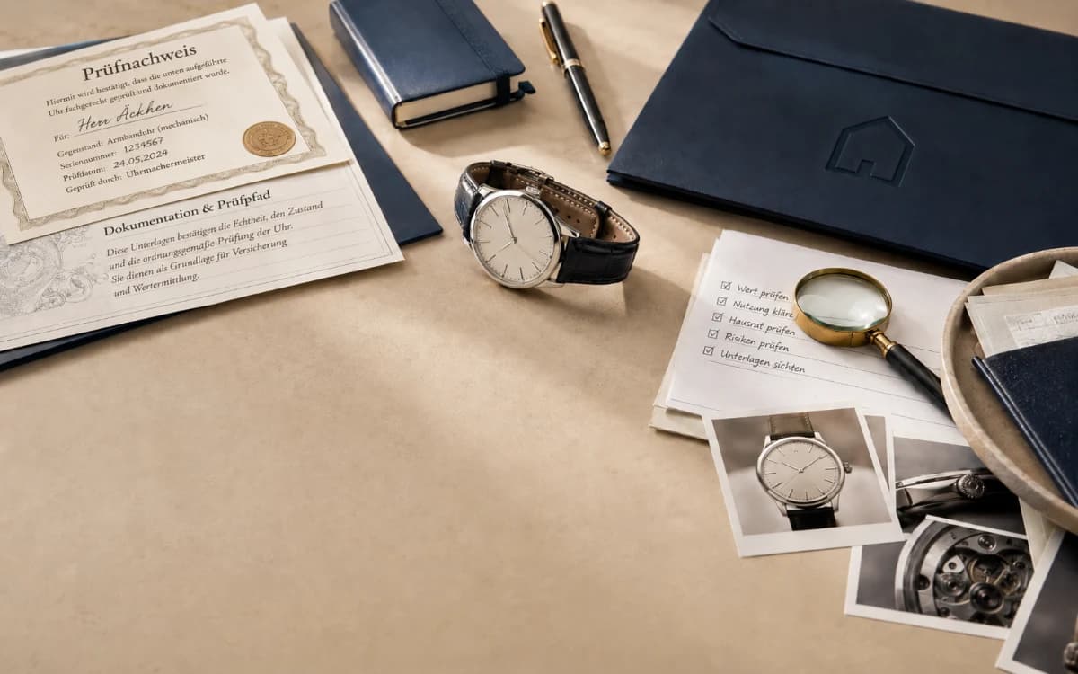 Hochwertige Uhr mit Wertnachweisen, Unterlagen und Checkliste zur Prüfung einer Uhrenversicherung