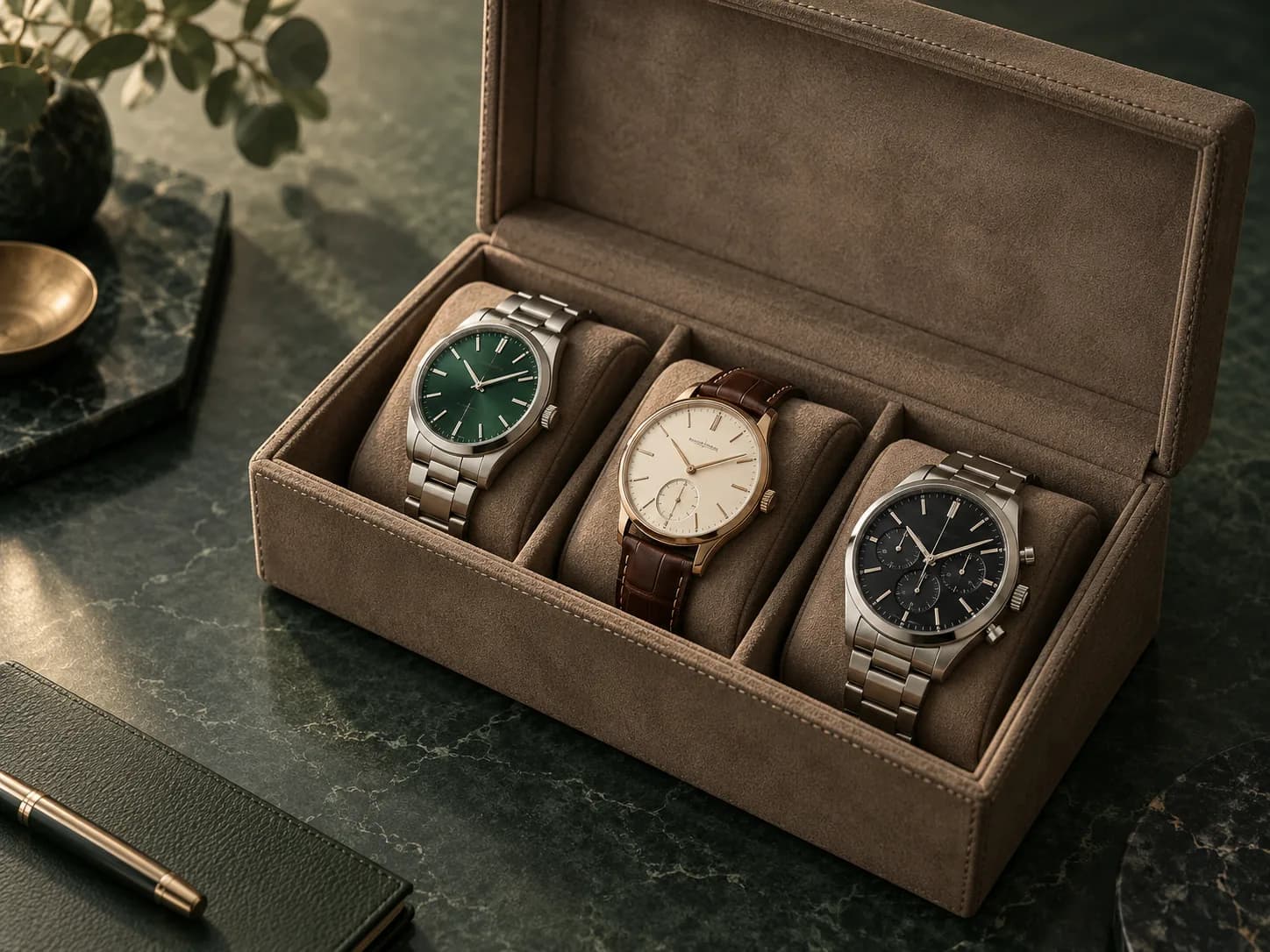 Uhrensammlung mit mehreren hochwertigen Armbanduhren in einer Uhrenbox