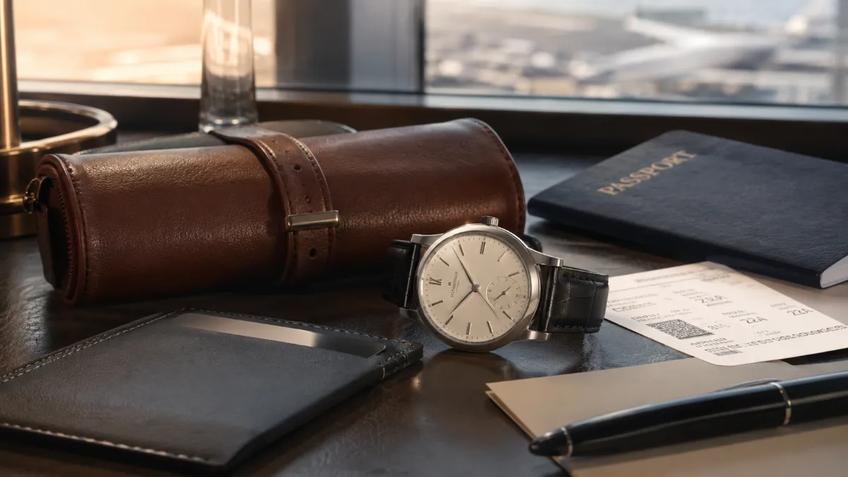 Hochwertige Uhr mit Reisepass, Boarding Pass und Lederetui als Symbol für Reiserisiken