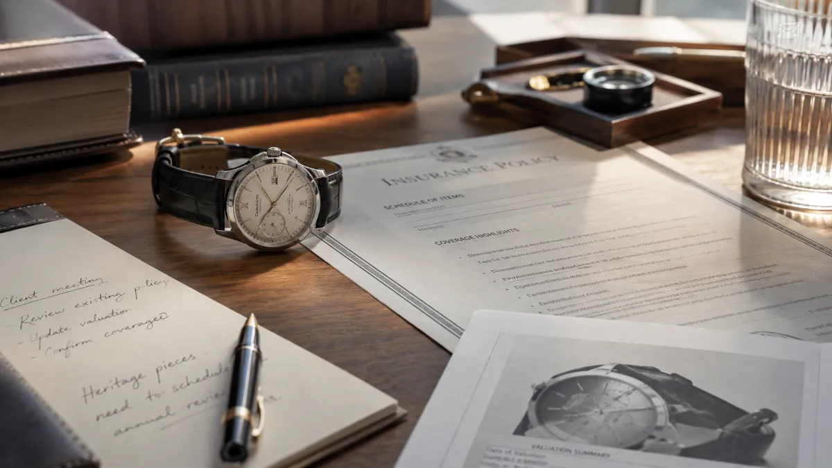 Unterlagen, Dokumente und hochwertige Uhr als Grundlage für Wertnachweis und Versicherungsprüfung